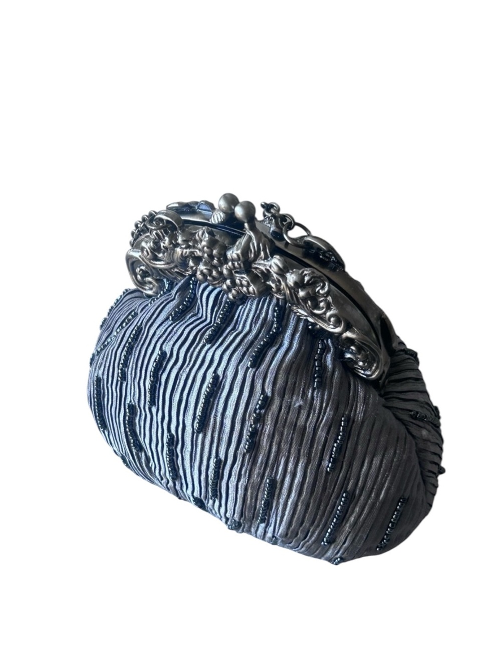 Vintage Elegant Beaded Handkerchief Grey Embellished Silver Silk Evening Bag - Picture 8 of 10